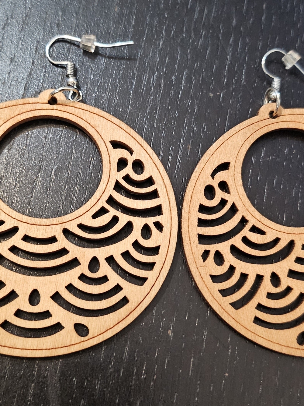 Handmade Wooden Cutout Hoop Earrings - Natural Wood